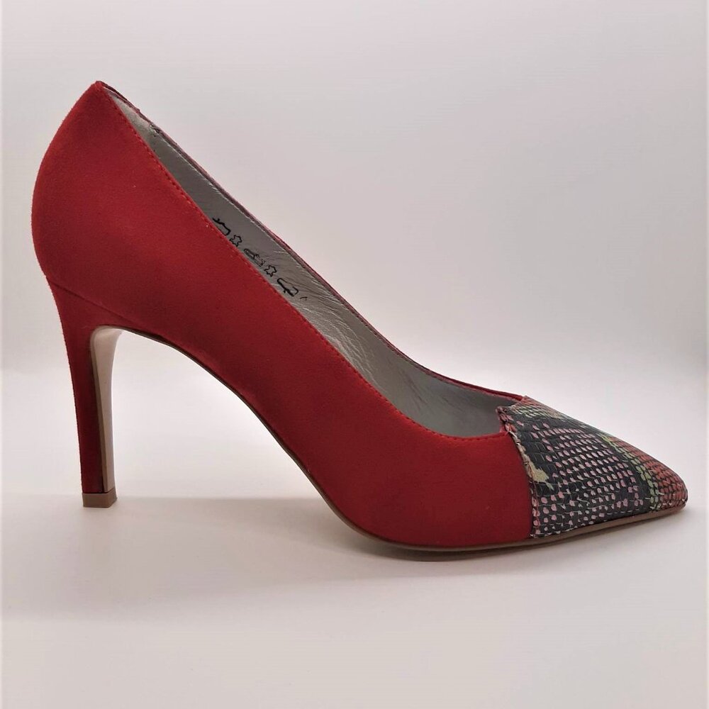 Red Suede Leather and Snake Print Closed Toe Heels